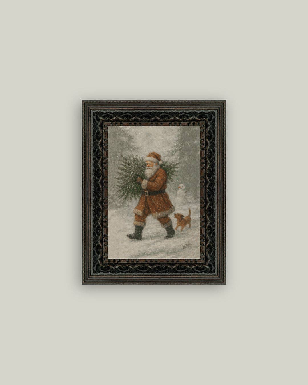 Santa with Tree Framed Antique Art