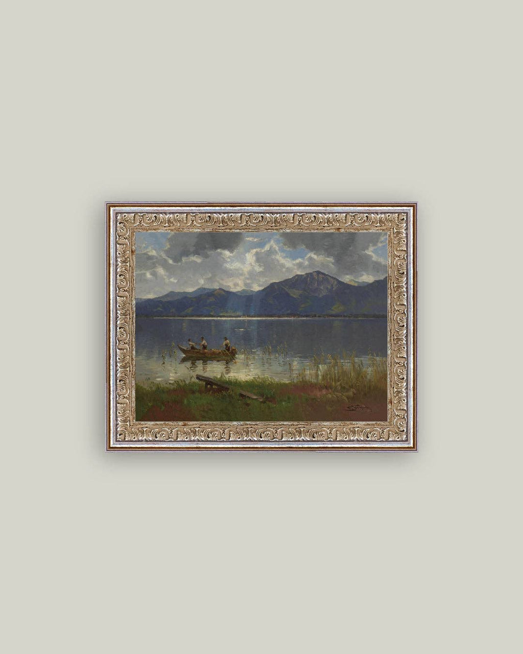 Fishermen on Lake Framed Antique Art