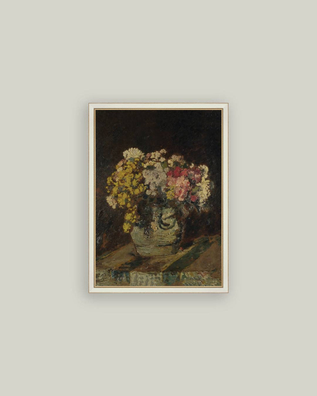 Vase of Pink & Yellow Flowers Framed Antique Art