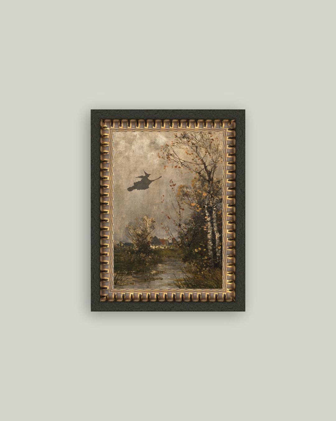 Flying Witch Landscape Framed Antique Art