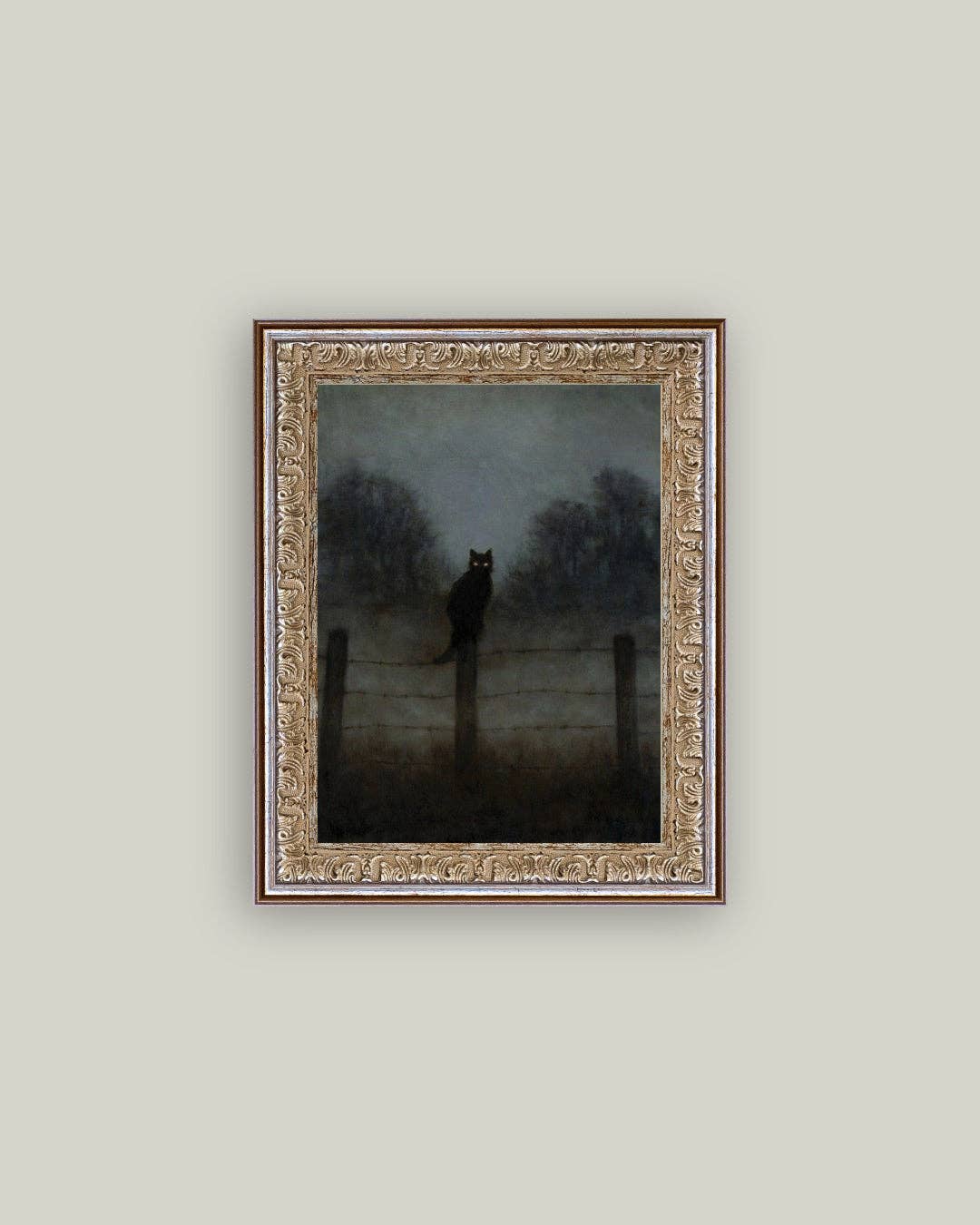 Black Cat in Night Framed Antique Art