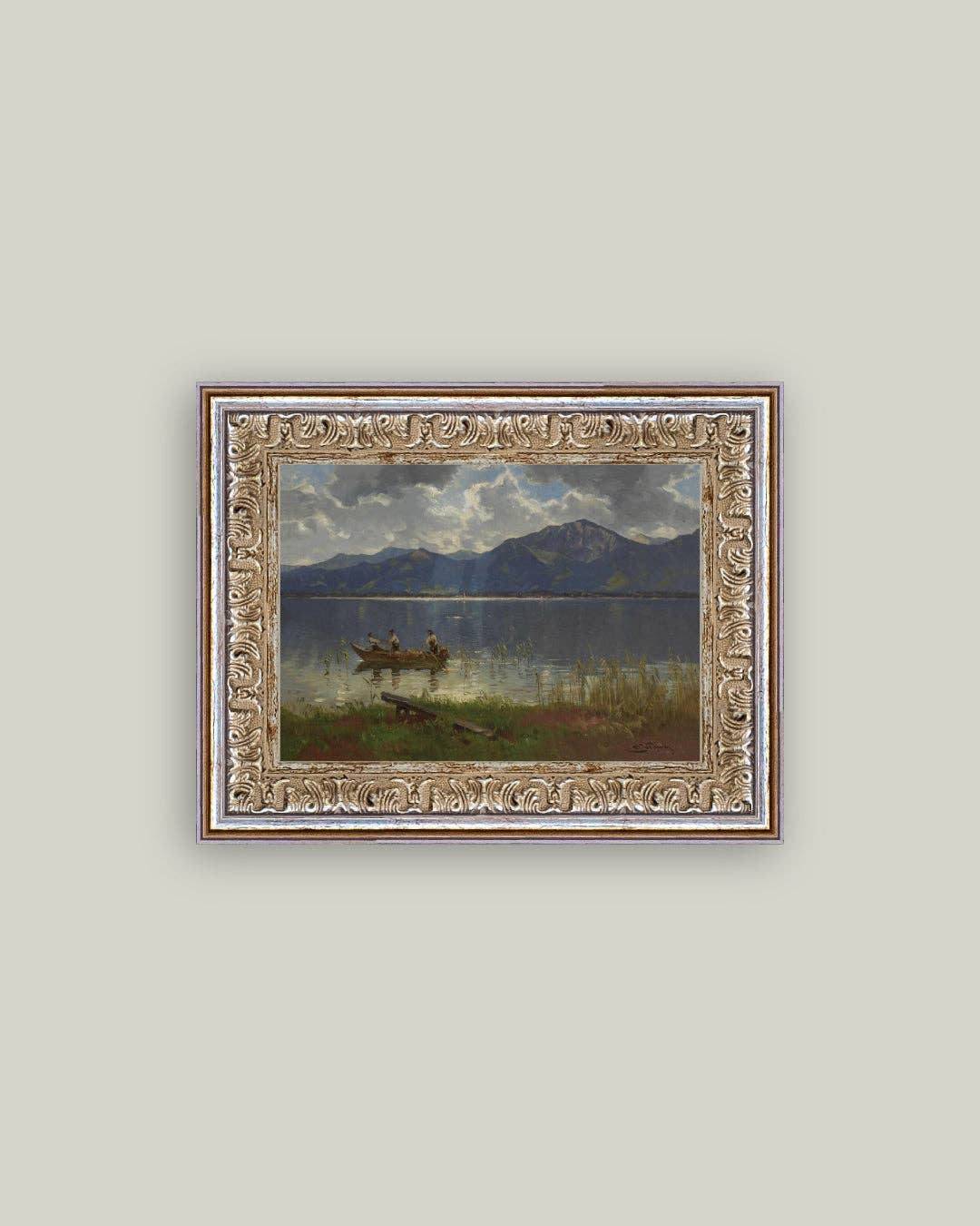 Fishermen on Lake Framed Antique Art